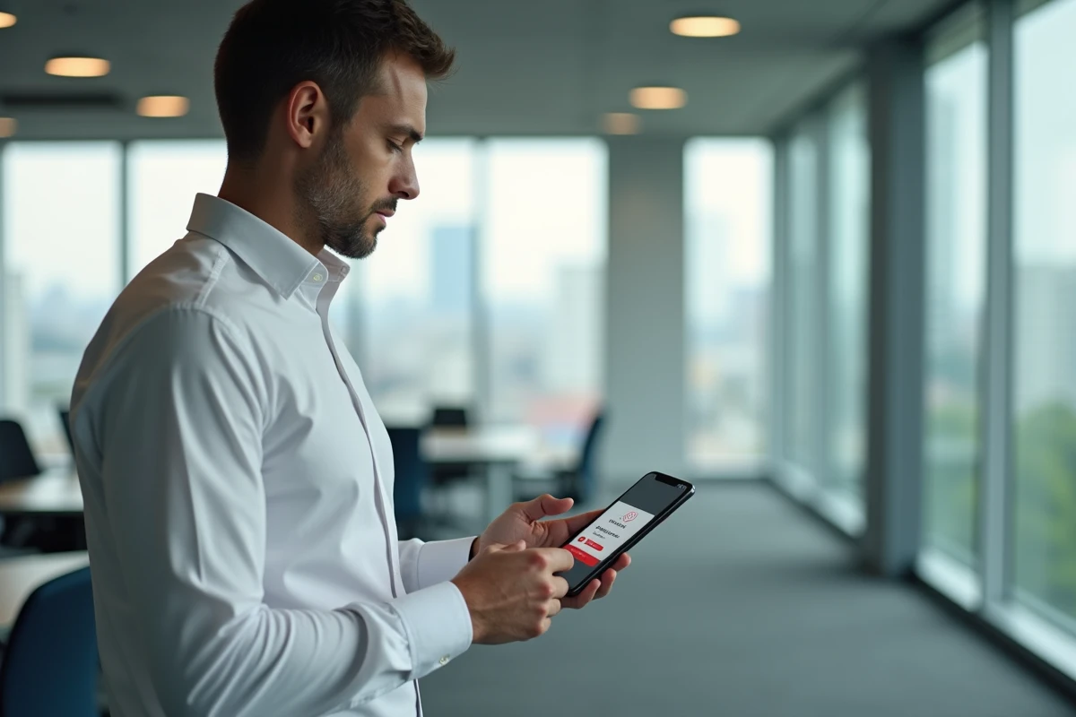 Homme en bureau consultant l'application mobile Banque Populaire Val de France avec une erreur d'accès client affiché sur son smartphone