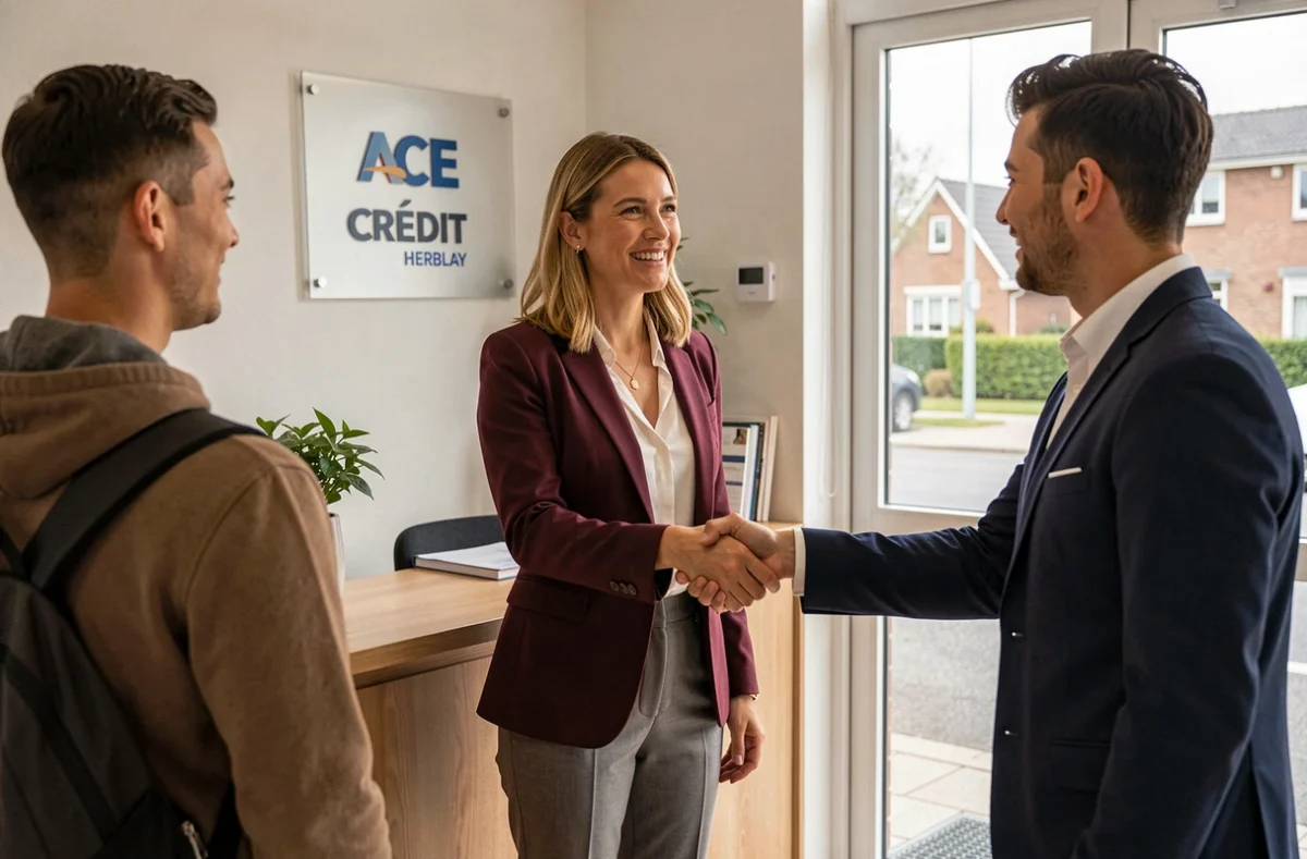Conseillère Ace Crédit Herblay accueillant un couple de clients pour un projet immobilier