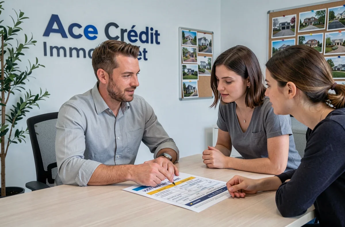 Courtier Ace Crédit Immoprêt présentant une comparaison de taux à des clients dans une agence moderne