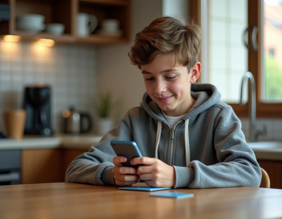 Adolescent vérifiant le solde de sa carte prépayée La Poste sur son smartphone à la maison
