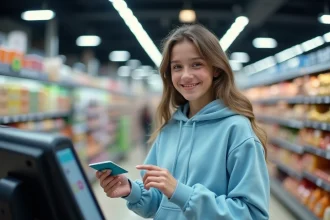Adolescente utilisant une carte prépayée La Poste pour payer ses achats au supermarché