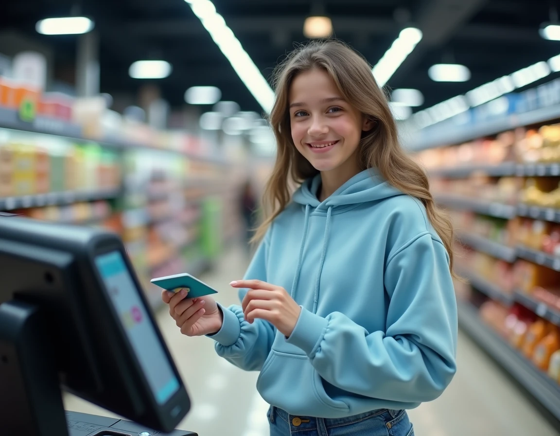 Adolescente utilisant une carte prépayée La Poste pour payer ses achats au supermarché