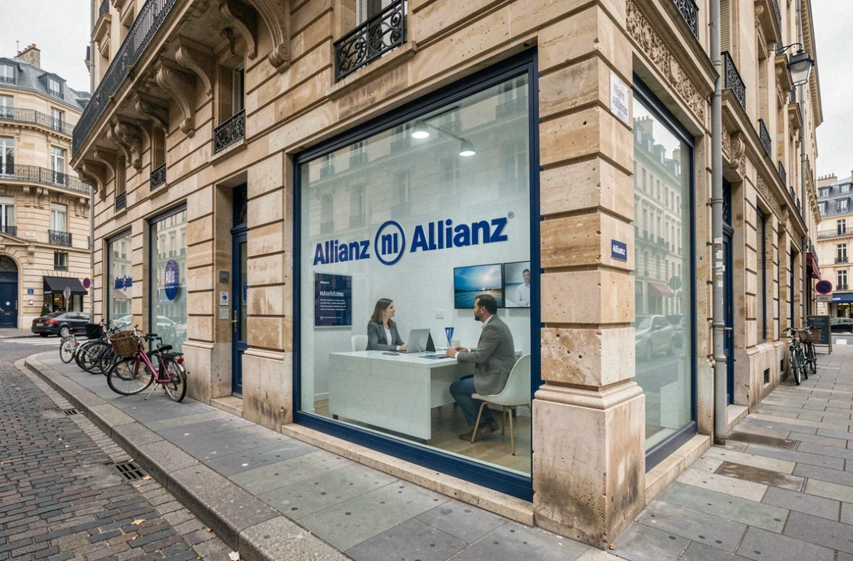 La vitrine d'une agence Allianz LG Candero à Nantes avec un conseiller visible en réunion avec un client à travers la vitre