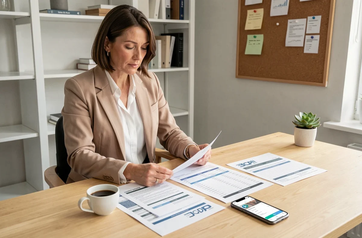 Femme analysant les documents de financement à crédit pour l'achat de parts de SCPI dans un bureau à domicile