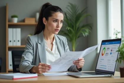 Femme analysant un relevé bancaire à son bureau pour retrouver l'origine d'un paiement AMZ digital FRA