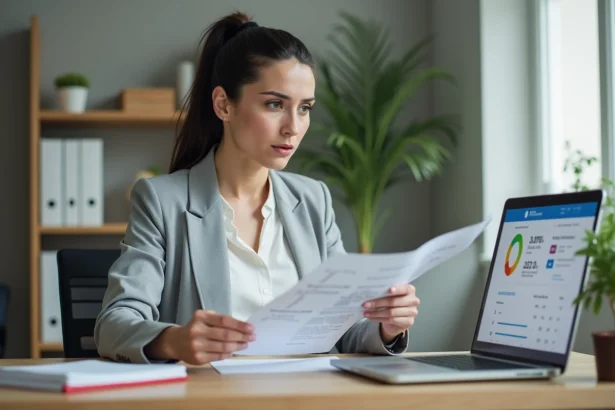 Femme analysant un relevé bancaire à son bureau pour retrouver l'origine d'un paiement AMZ digital FRA