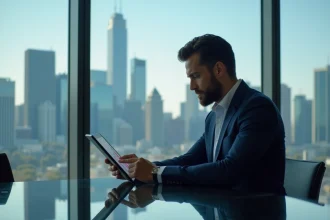 Analyste en costume dans un bureau moderne avec vue sur la ville