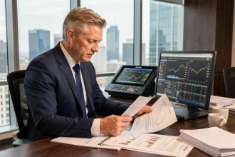 Analyste financier examinant l'historique des dividendes de Total et les cours du pétrole dans un bureau moderne