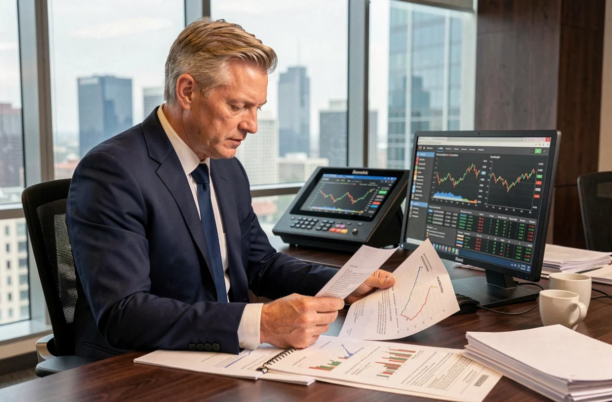 Analyste financier examinant l'historique des dividendes de Total et les cours du pétrole dans un bureau moderne