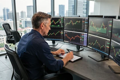 Analyste financier étudiant des graphiques boursiers techniques sur plusieurs écrans dans un bureau de trading moderne en 2026