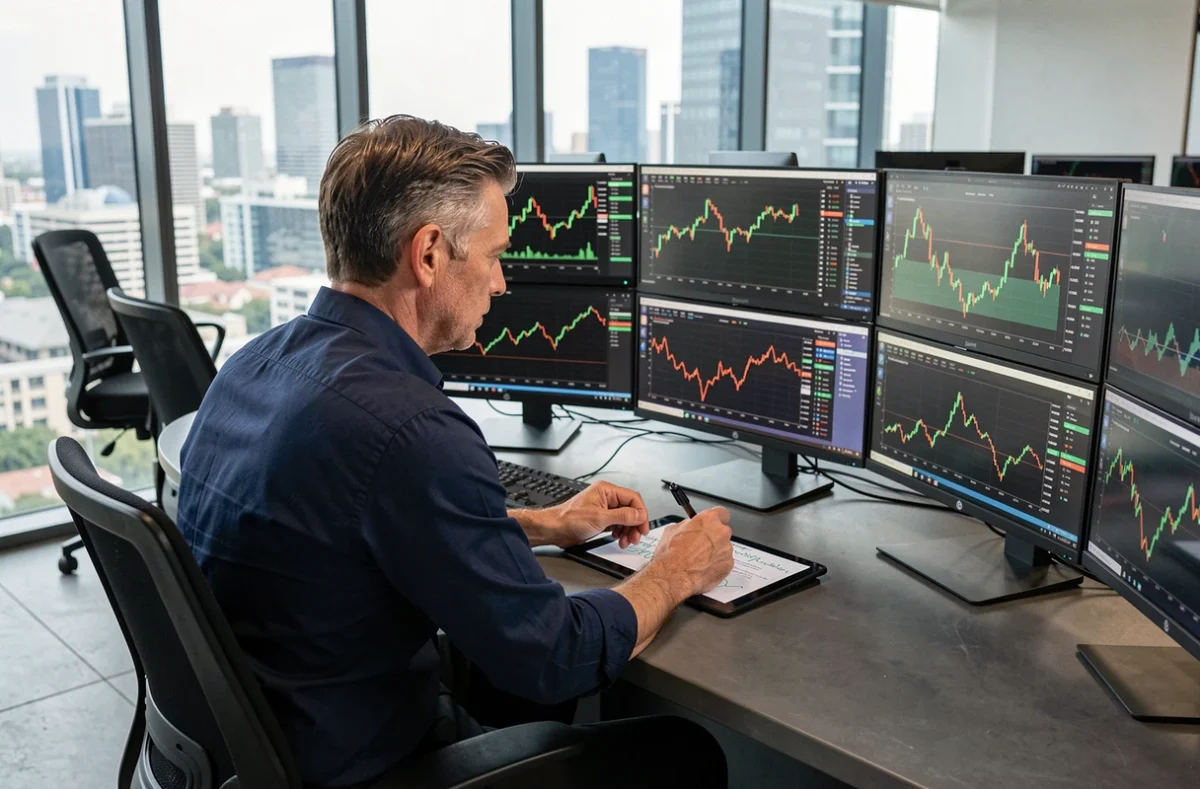 Analyste financier étudiant des graphiques boursiers techniques sur plusieurs écrans dans un bureau de trading moderne en 2026