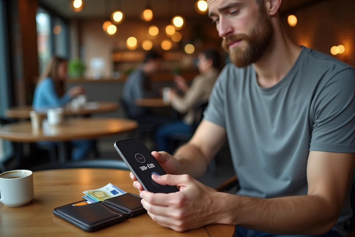 Homme utilisant une application mobile pour convertir 100 euros en dollars dans un café