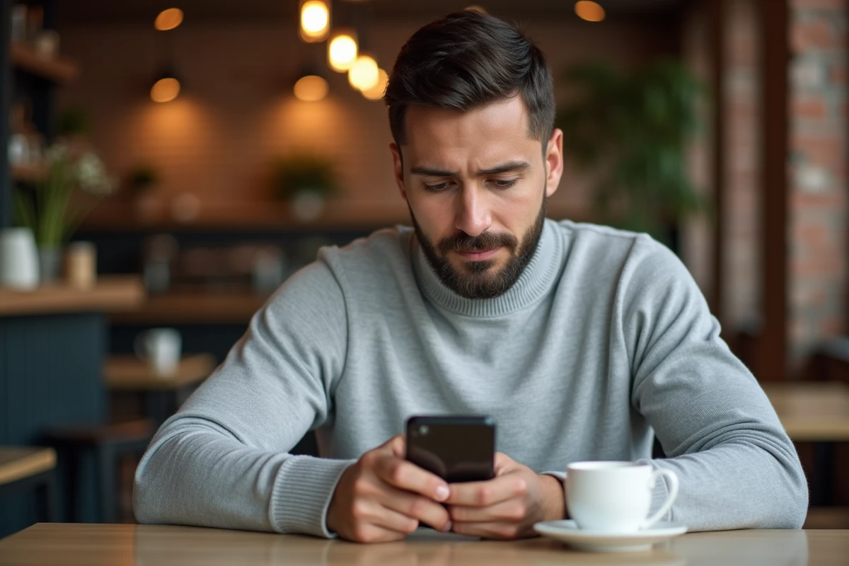 Jeune professionnel vérifiant ses investissements en temps réel sur l'application mobile de sa banque privée dans un café