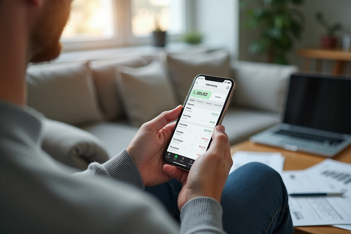 Gros plan sur un smartphone affichant une application de transfert PEA vers Bourse Directe tenu par un homme dans un salon