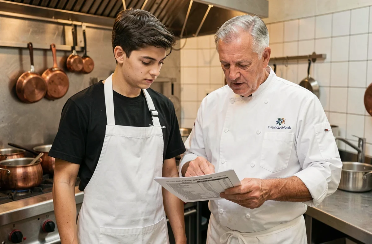Un apprenti cuisinier et son maître d'apprentissage consultent ensemble un contrat de salaire dans une cuisine professionnelle