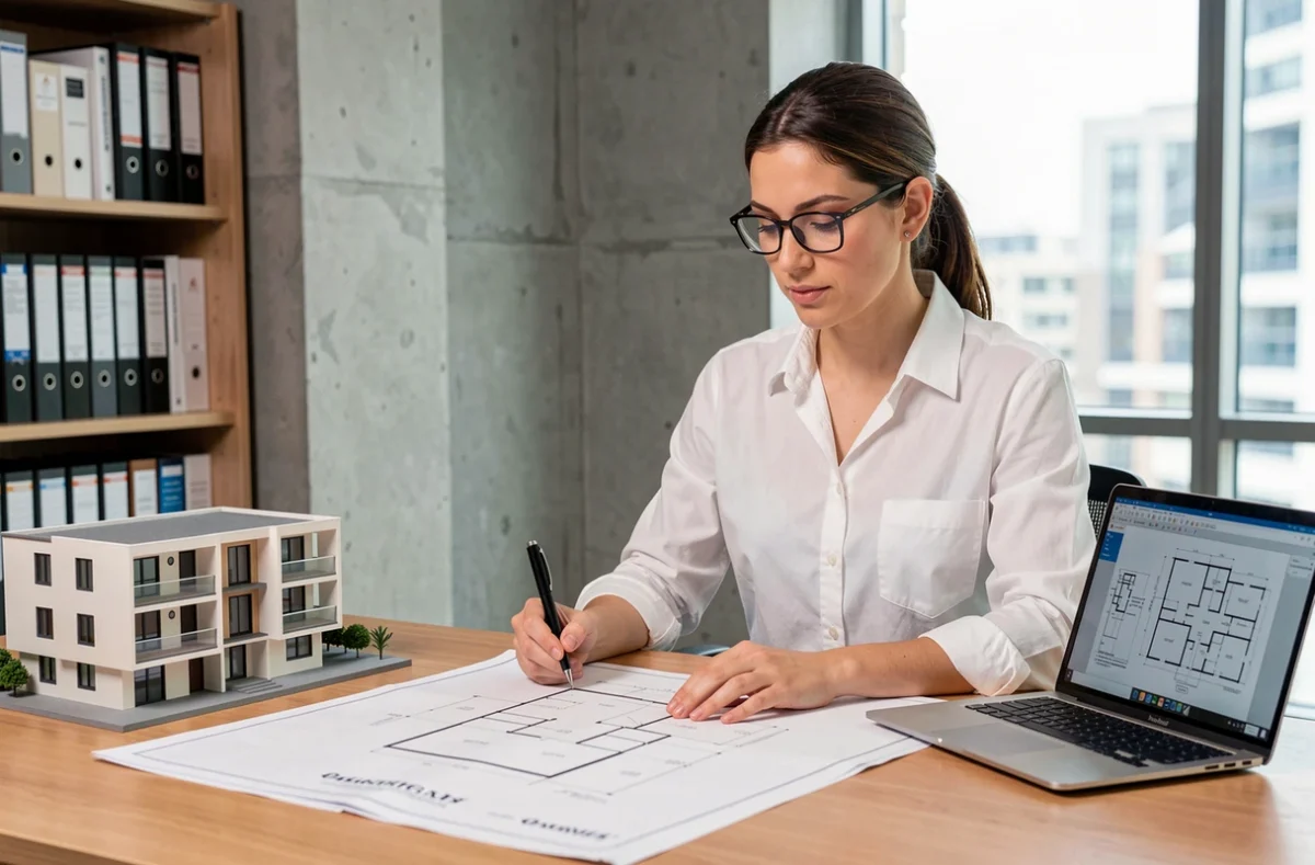 Architecte examinant les plans d'un bâtiment liés à une couverture de garantie décennale dans un bureau professionnel
