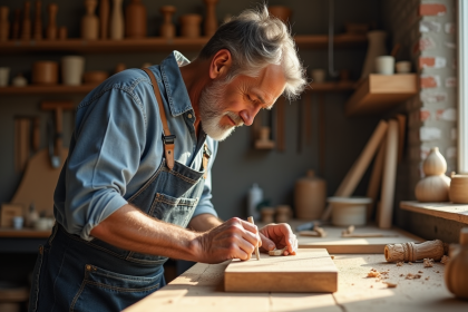 Artisan homme façonnant du bois dans son atelier lumineux