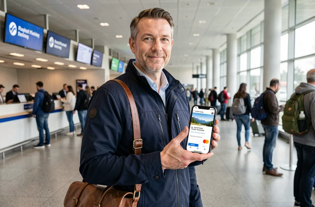 Voyageur à l'aéroport consultant son attestation d'assurance voyage Mastercard sur smartphone