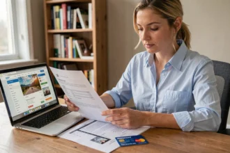 Femme consultant son attestation d'assurance voyage Mastercard à son bureau avec sa carte et un document imprimé