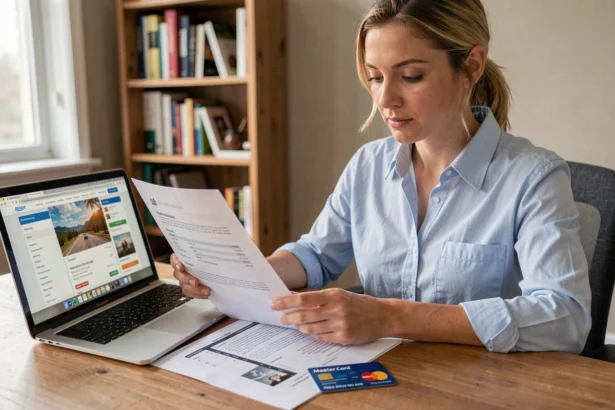 Femme consultant son attestation d'assurance voyage Mastercard à son bureau avec sa carte et un document imprimé