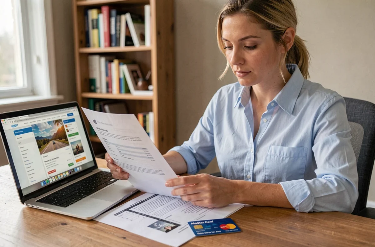 Femme consultant son attestation d'assurance voyage Mastercard à son bureau avec sa carte et un document imprimé