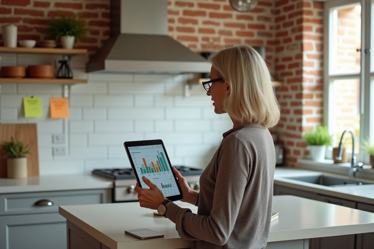Auteure consultant un tableau de bord de revenus diversifiés sur tablette dans sa cuisine aménagée en espace de travail