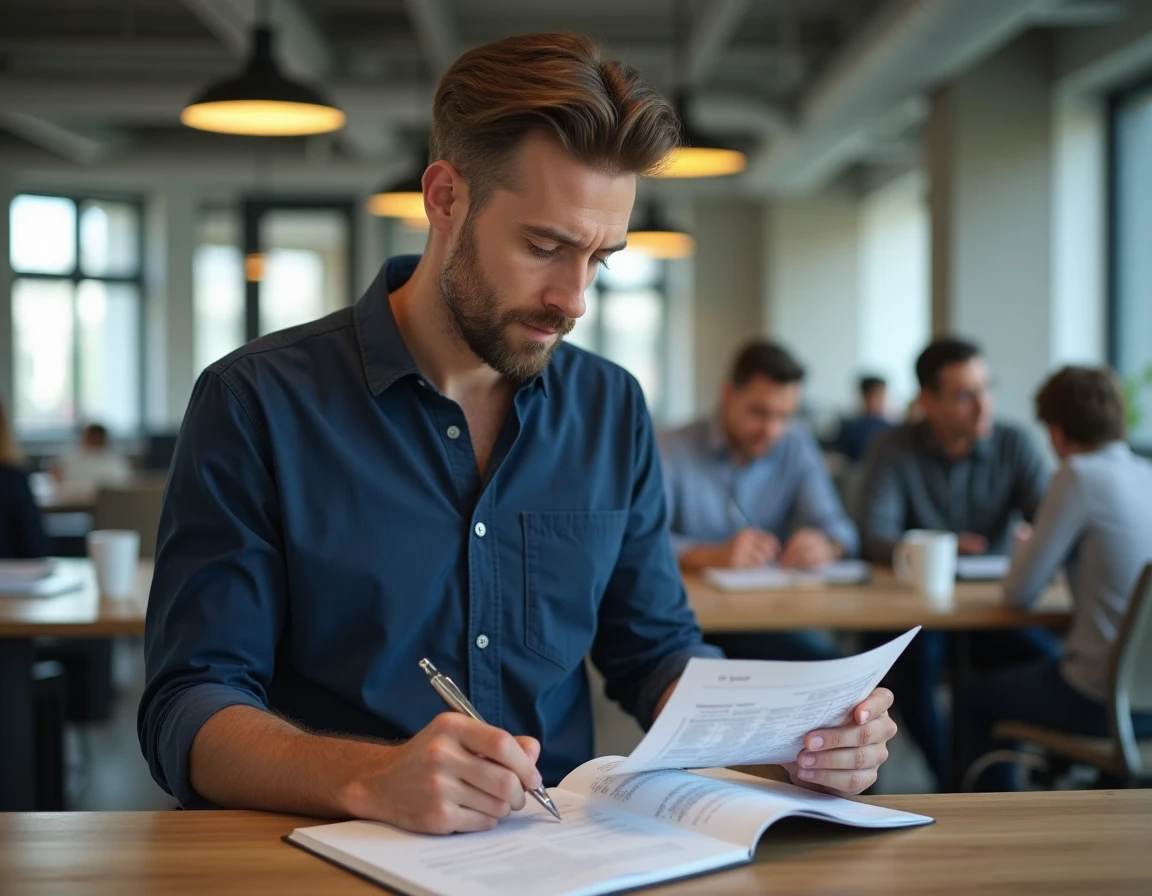 Auto-entrepreneur masculin analysant des formulaires fiscaux liés à la TVA et au régime 293 B du CGI dans un espace de coworking