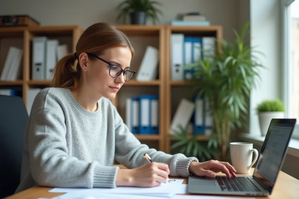 Auto-entrepreneuse consultant ses obligations fiscales 293 B CGI à son bureau à domicile avec des documents administratifs