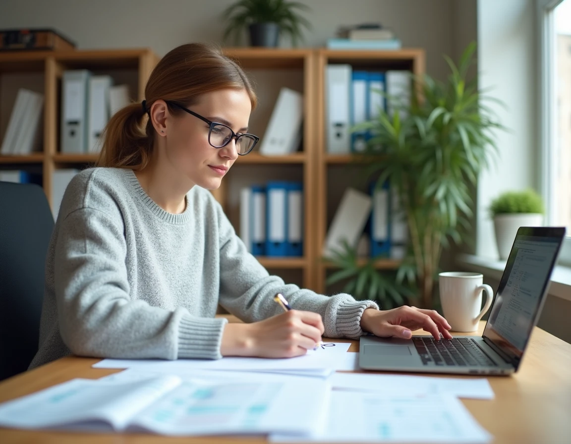 Auto-entrepreneuse consultant ses obligations fiscales 293 B CGI à son bureau à domicile avec des documents administratifs