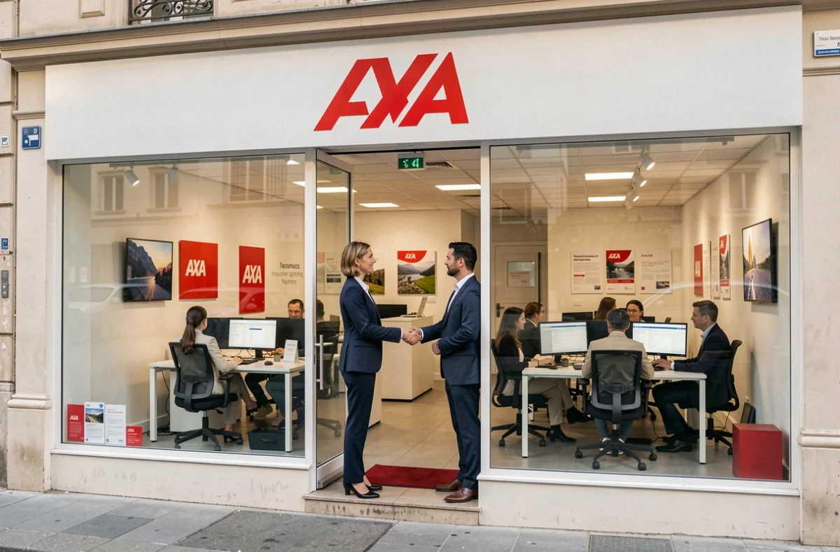 Une conseillère de l'agence AXA Nantes accueillant un client à l'entrée de l'agence avec une poignée de main professionnelle