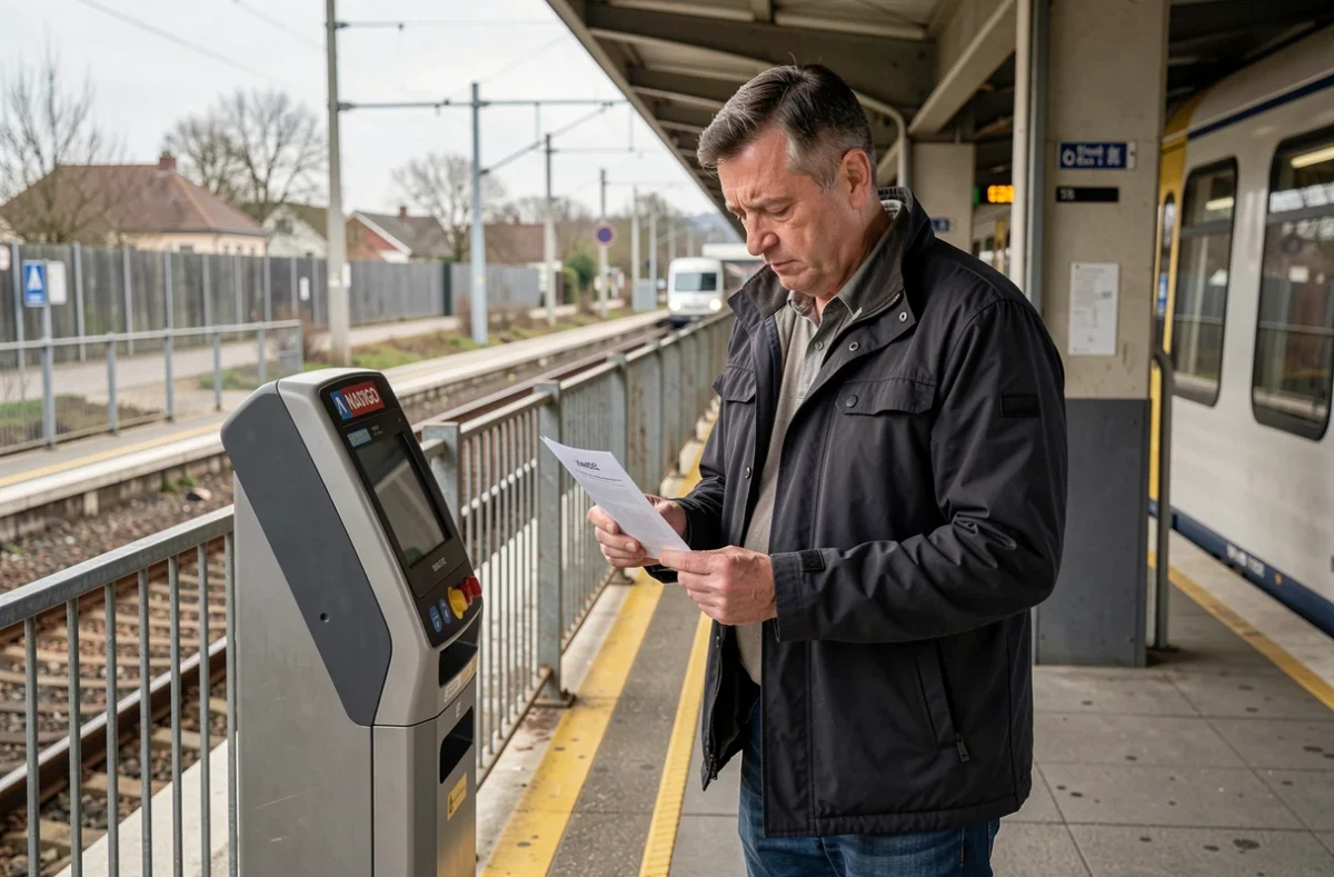 Banlieusard tenant une amende RATP sur un quai de gare de banlieue parisienne