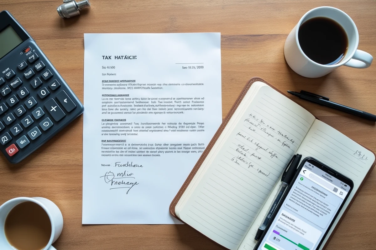 Vue aérienne d'un bureau avec avis d'imposition, calculatrice et notes manuscrites pour gérer une créance publique