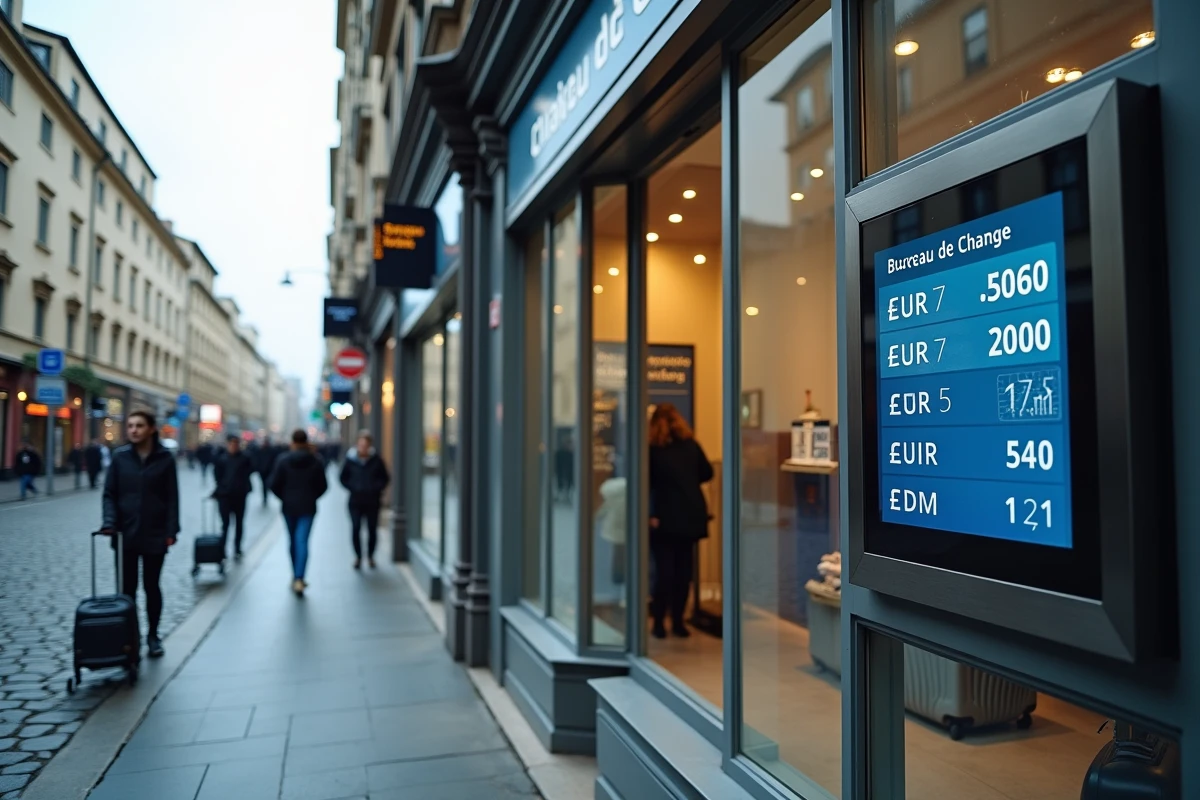 Devanture d'un bureau de change affichant les taux de conversion euro dollar en ville