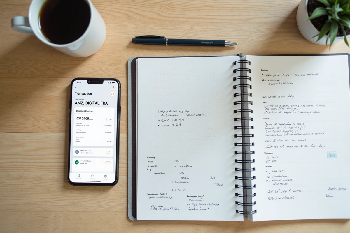 Vue du dessus d'un bureau avec smartphone affichant une transaction AMZ digital FRA et carnet de vérification manuscrit