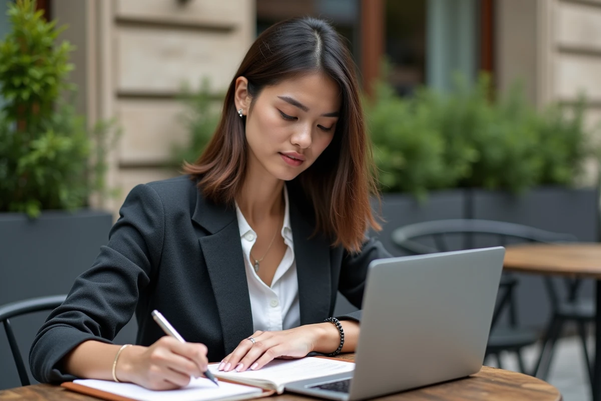 Femme d affaires prenant des notes au café en extérieur