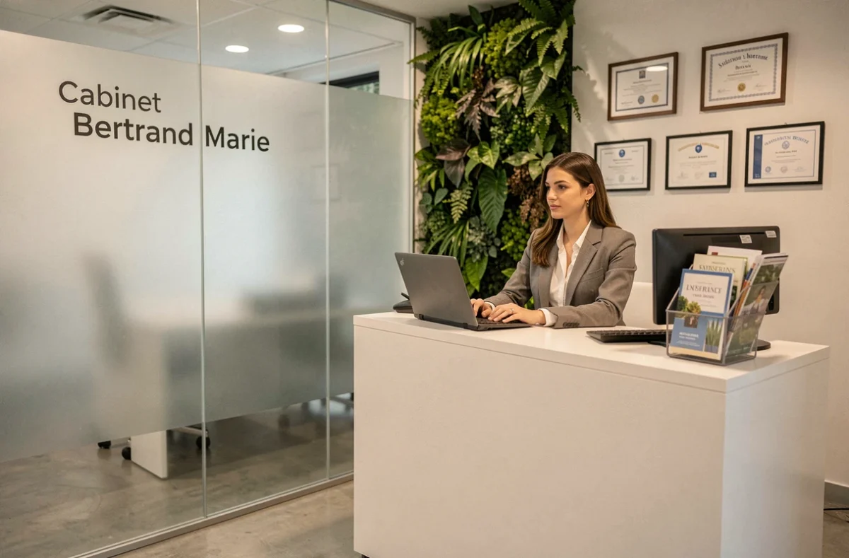L'accueil du Cabinet Bertrand Marie avec une conseillère en assurance assise à son bureau dans un espace moderne et professionnel