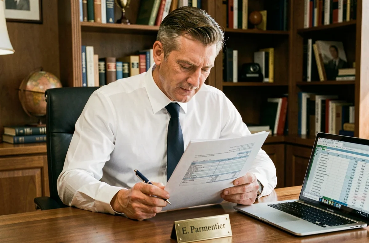 Emmanuel Parmentier, courtier en assurance, examinant un contrat d'assurance à son bureau dans un cabinet au décor chaleureux