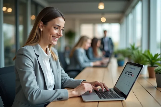 Femme professionnelle calculant les heures centièmes sur un ordinateur portable dans un bureau moderne