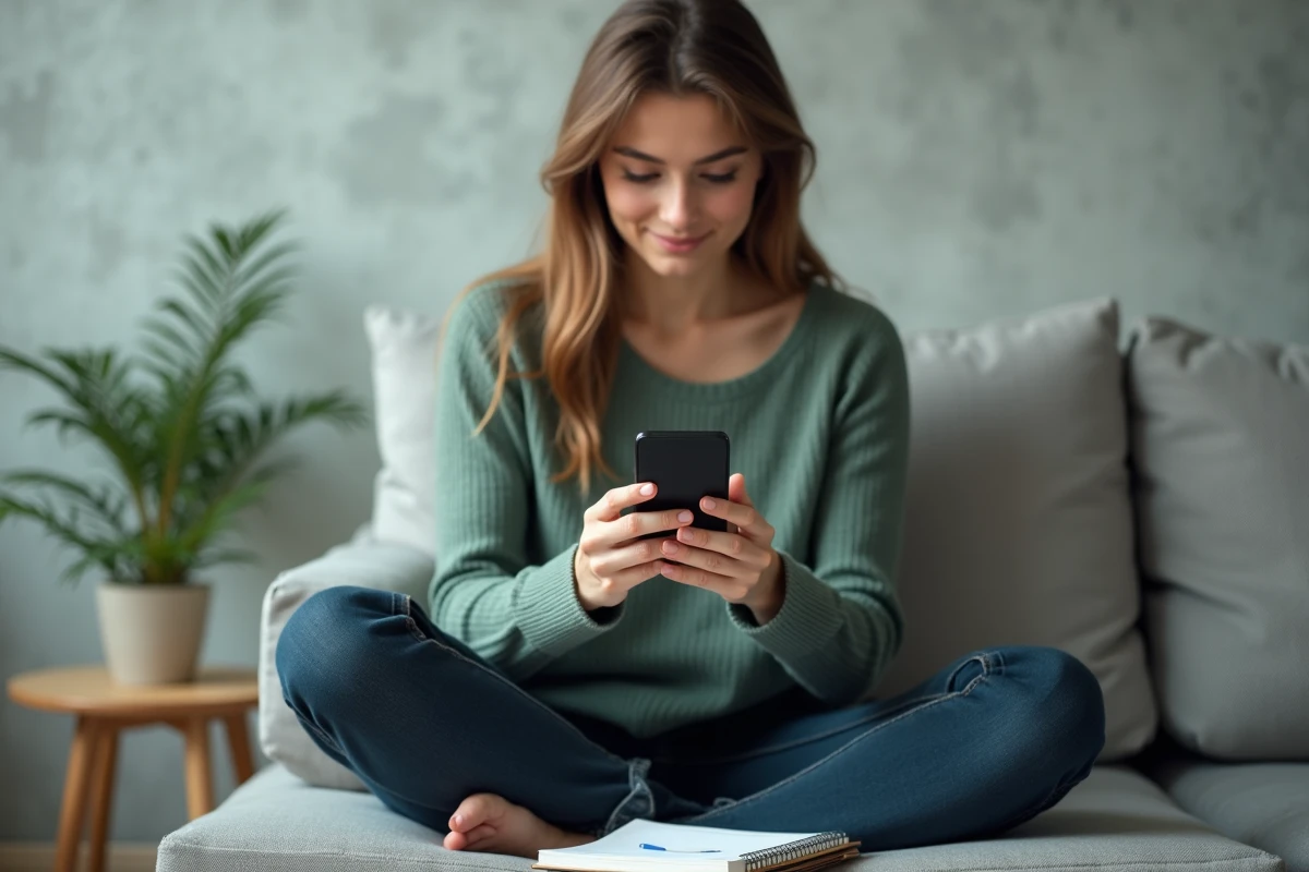 Jeune femme utilisant un calculateur d'heures centièmes sur smartphone depuis son salon avec un carnet de notes