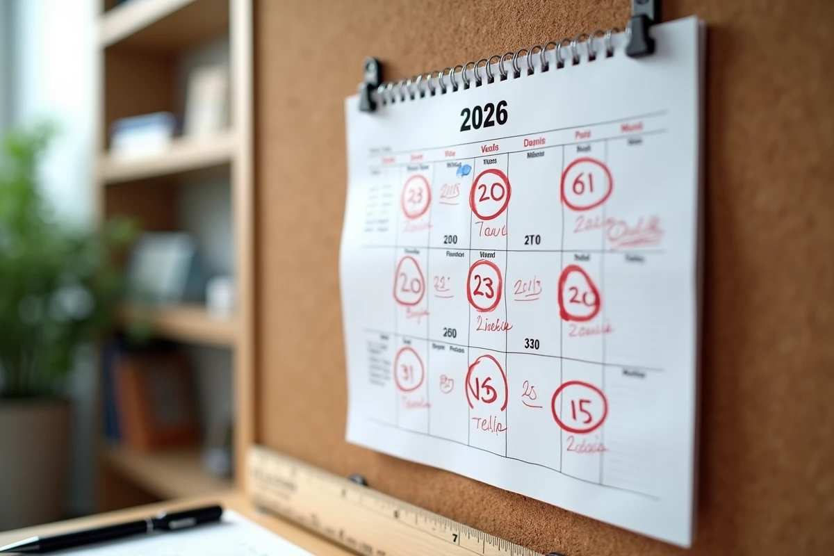 Calendrier mural 2026 avec les dates de paye des professeurs entourées en rouge et annotations manuscrites