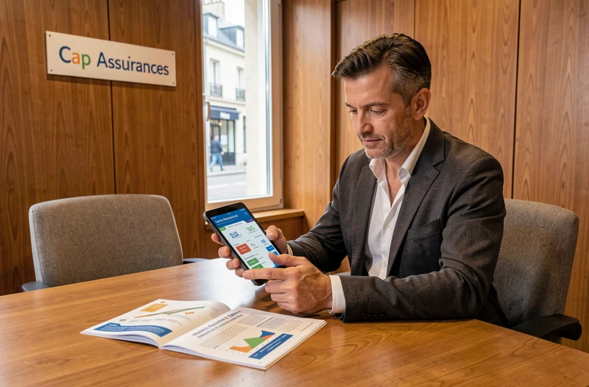 Un courtier de Cap Assurances consultant une tablette avec des comparatifs d'assurance à son bureau dans un cadre professionnel chaleureux