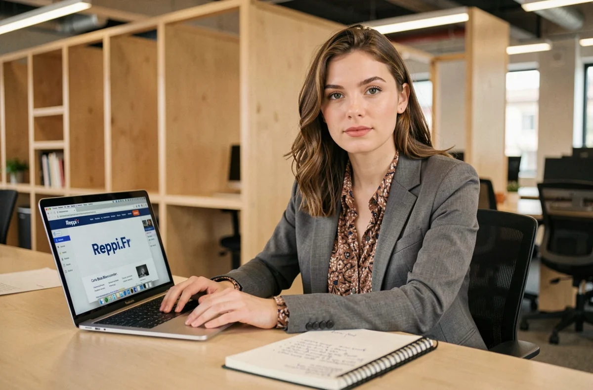 Carla Blanconnier, courtière en assurance pour Reppi.Fr, à son bureau avec son ordinateur portable dans un espace de co-working moderne