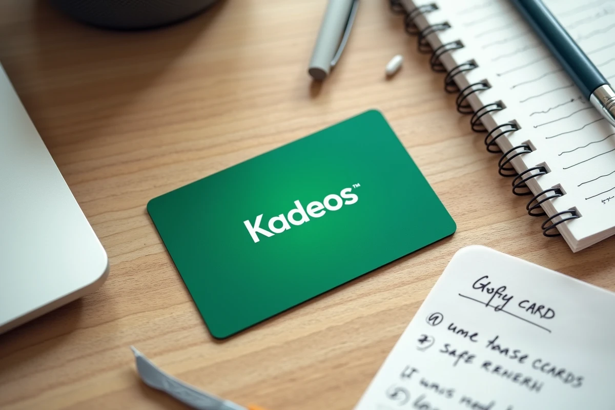 Vue de dessus d'une carte cadeau Kadeos Infini posée sur un bureau avec un carnet de notes et un stylo pour un guide d'utilisation Amazon
