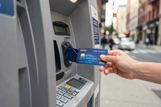 Carte prépayée glissée dans un distributeur de billets