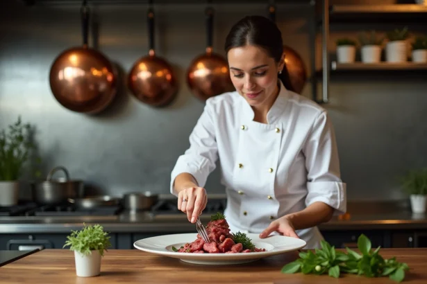 Cheffe cuisinière parisienne préparant un plat à base de cabri de Picardie dans une cuisine de restaurant professionnelle