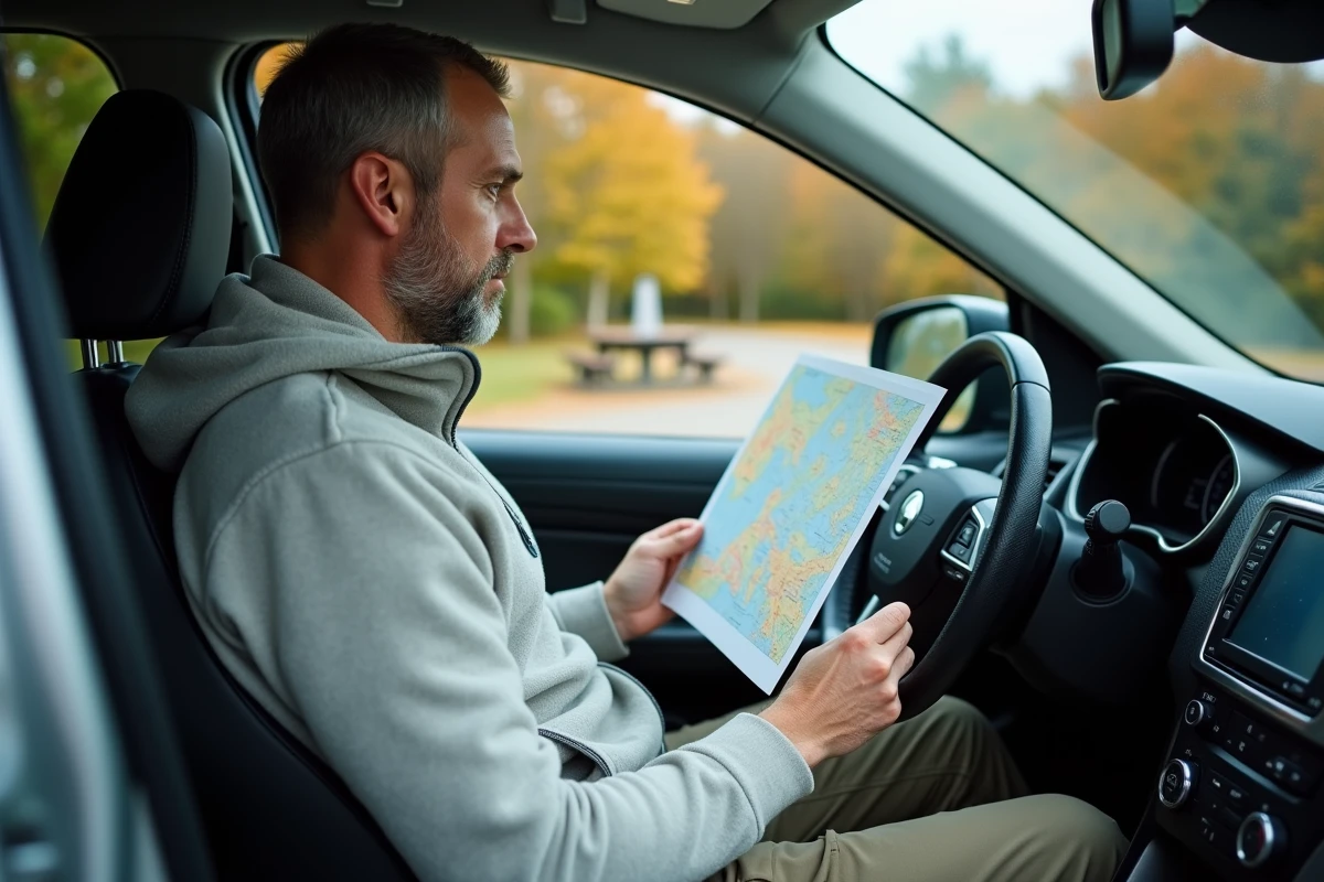 Conducteur consultant des chèques vacances et une carte routière dans son SUV lors d'un long trajet en France