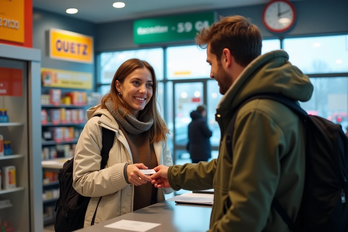 Couple remettant un chèque vacances à un caissier dans une station-service pour payer le carburant