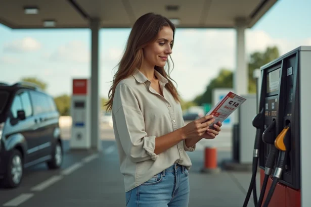Femme utilisant un chèque vacances à la pompe à essence d'une station-service autoroutière en France