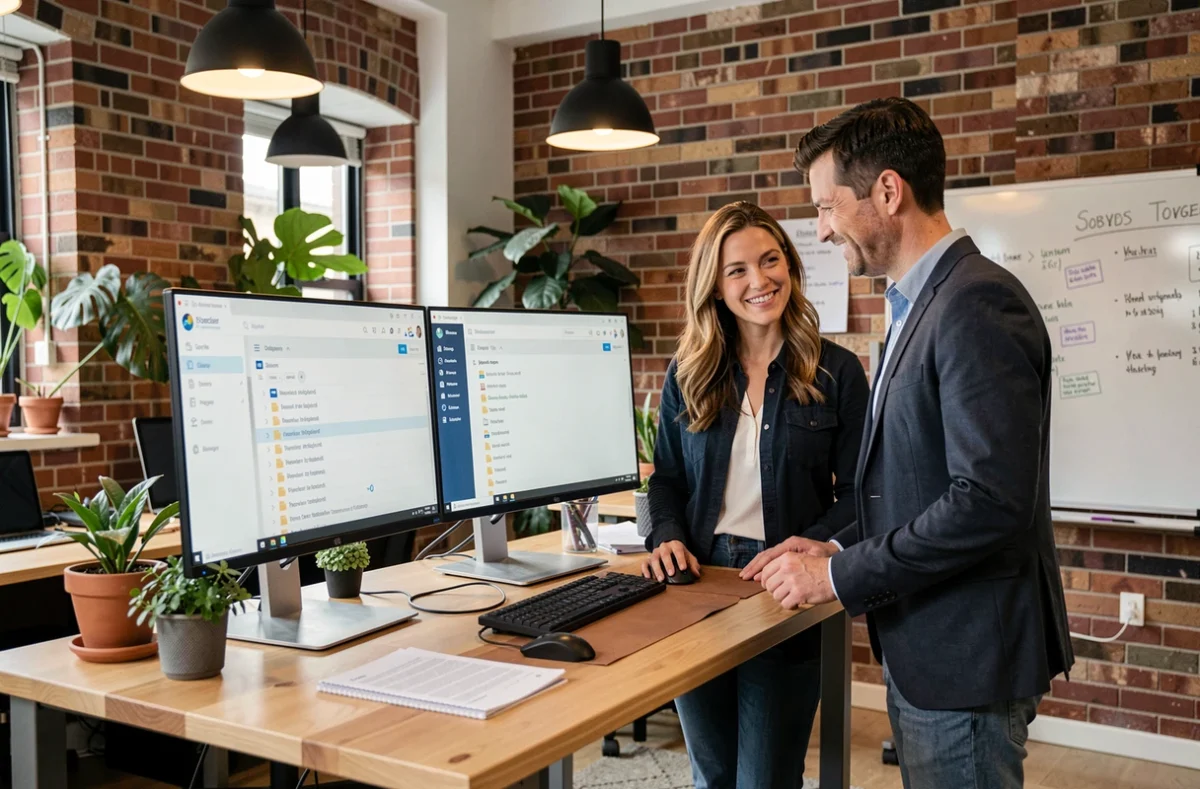 Deux collègues collaborant sur une interface de gestion documentaire numérique dans un espace de travail moderne