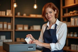 Commerçante déposant des billets en euros dans une caisse sécurisée à clavier numérique dans sa boutique